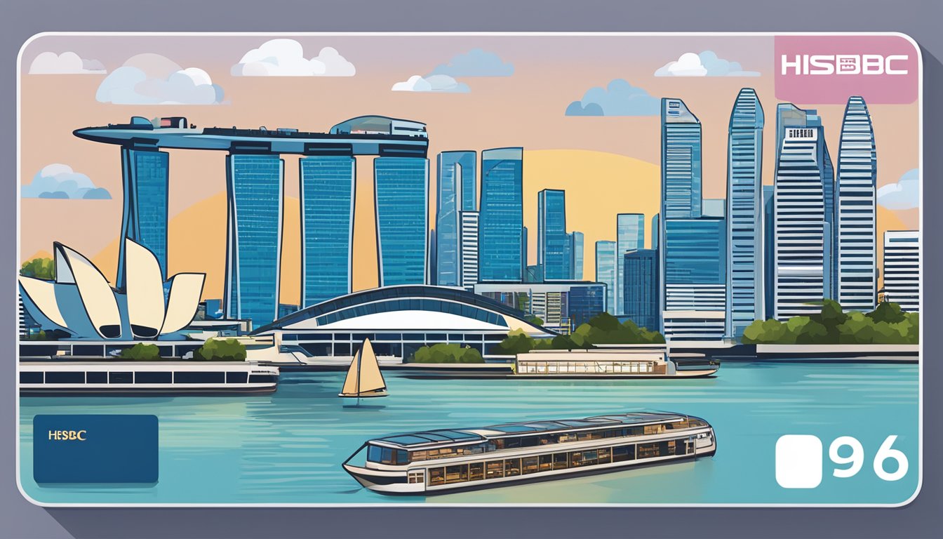 The HSBC EZLink card sits on a Singaporean cityscape backdrop, with iconic landmarks like the Marina Bay Sands and the Singapore Flyer in the distance