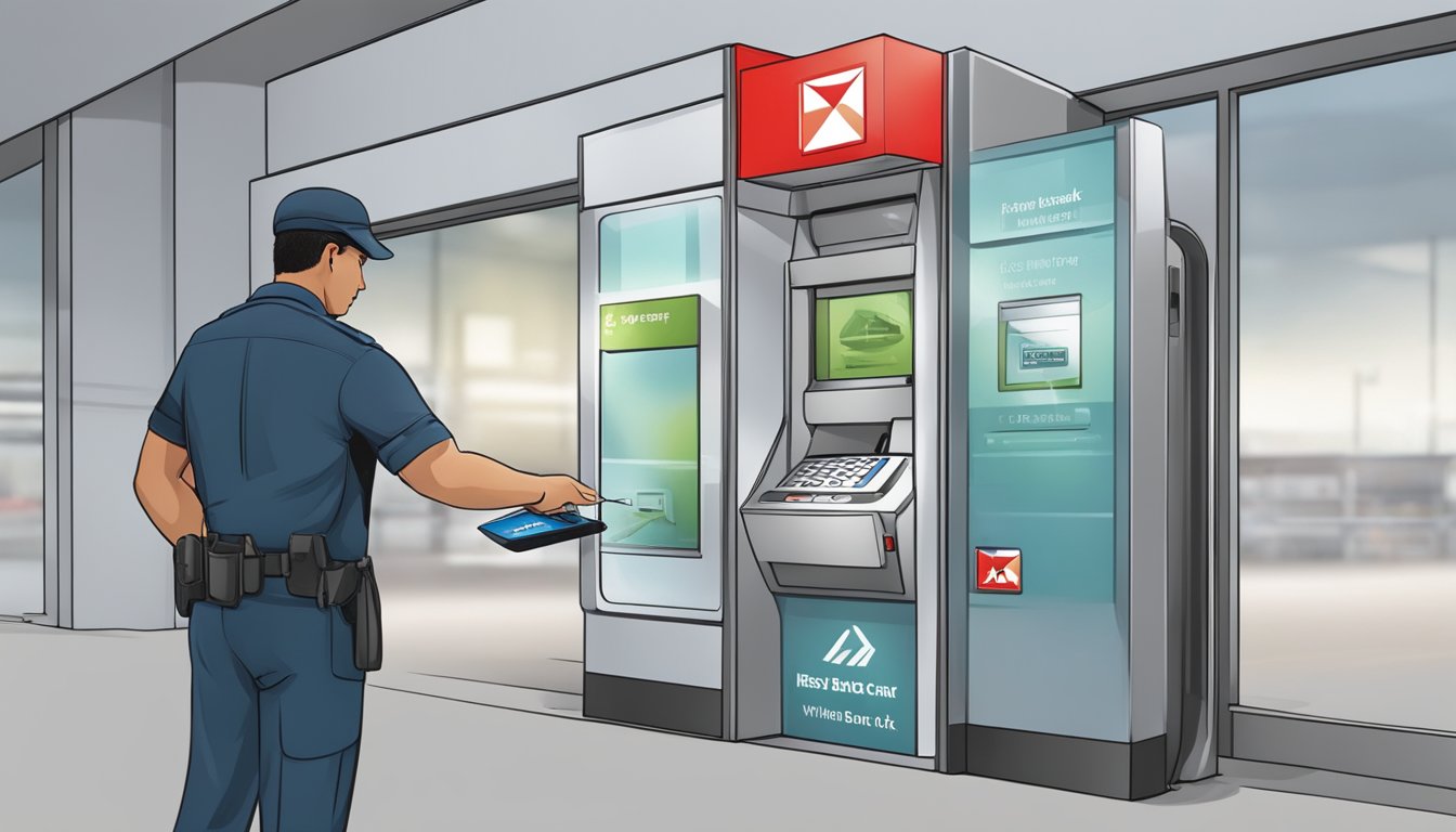 A security guard scans an EZ-Link card at an HSBC bank entrance for enhanced security and convenience