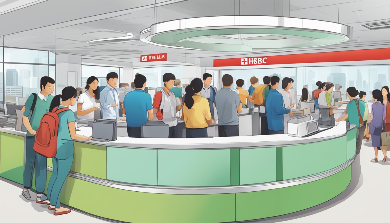 A customer service desk with a sign reading "Frequently Asked Questions HSBC EZLink Singapore" and people waiting in line