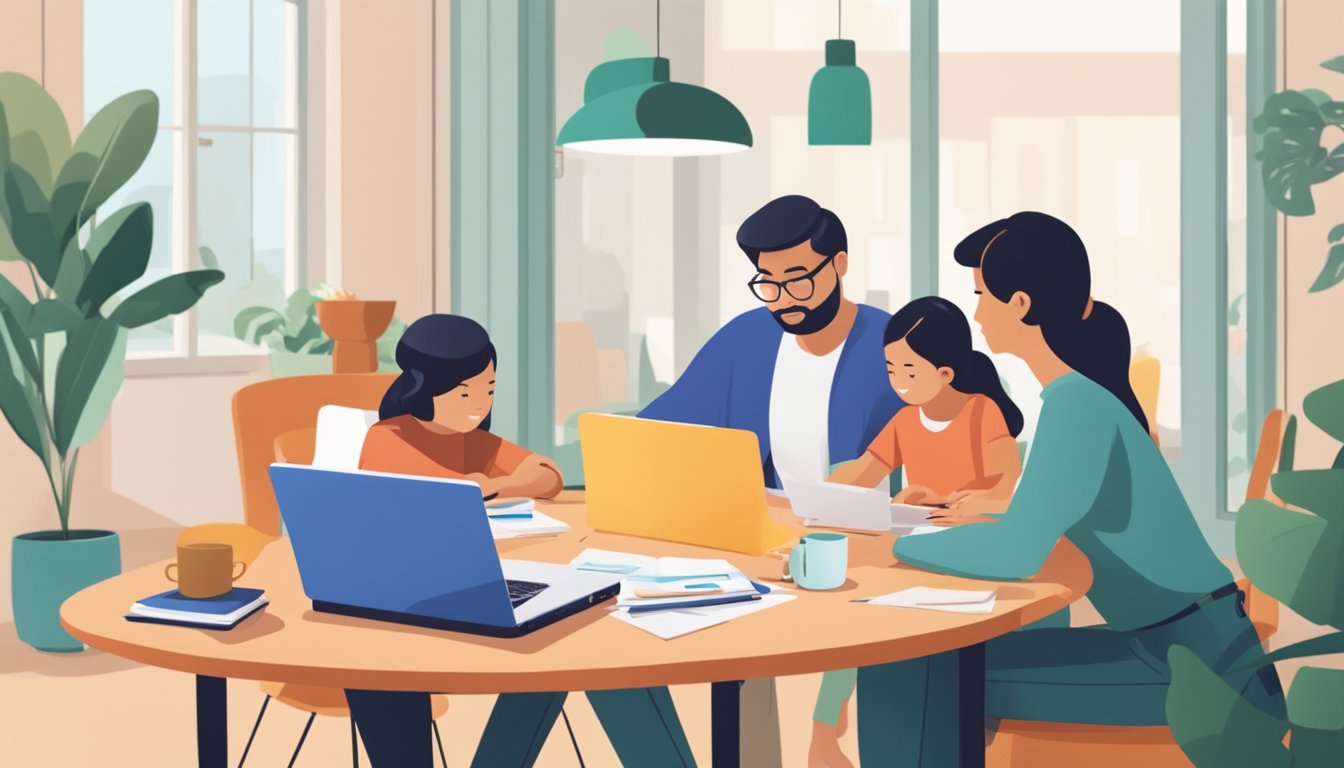 A family sits around a table, discussing hsbc home loan options in Singapore. Documents and a laptop are scattered across the table as they consider their financial options