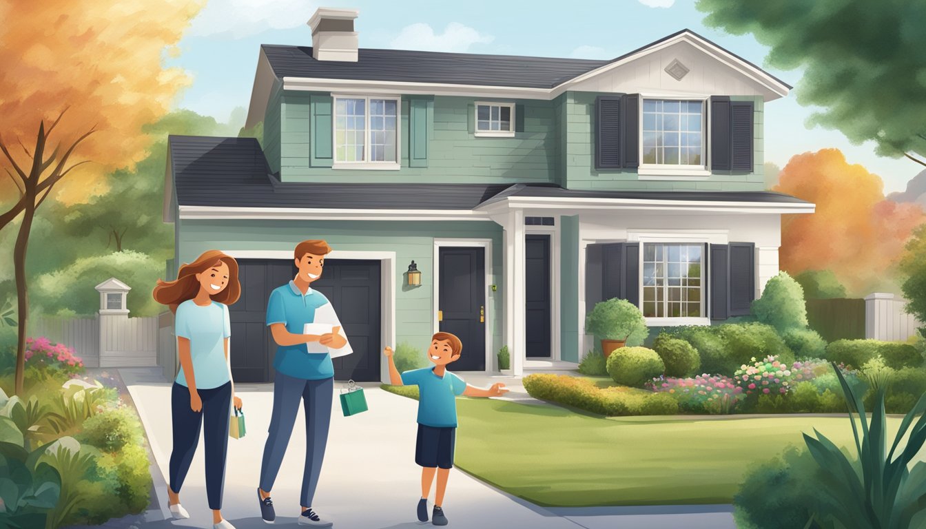 A family happily moves into their new home, holding keys and paperwork labeled "HSBC Home Loans." The house is surrounded by a lush garden and a friendly neighborhood