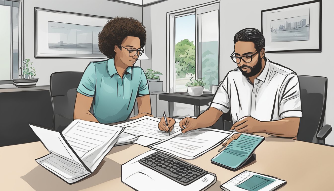 A person filling out a home loan application form with a HSBC representative guiding them through the process