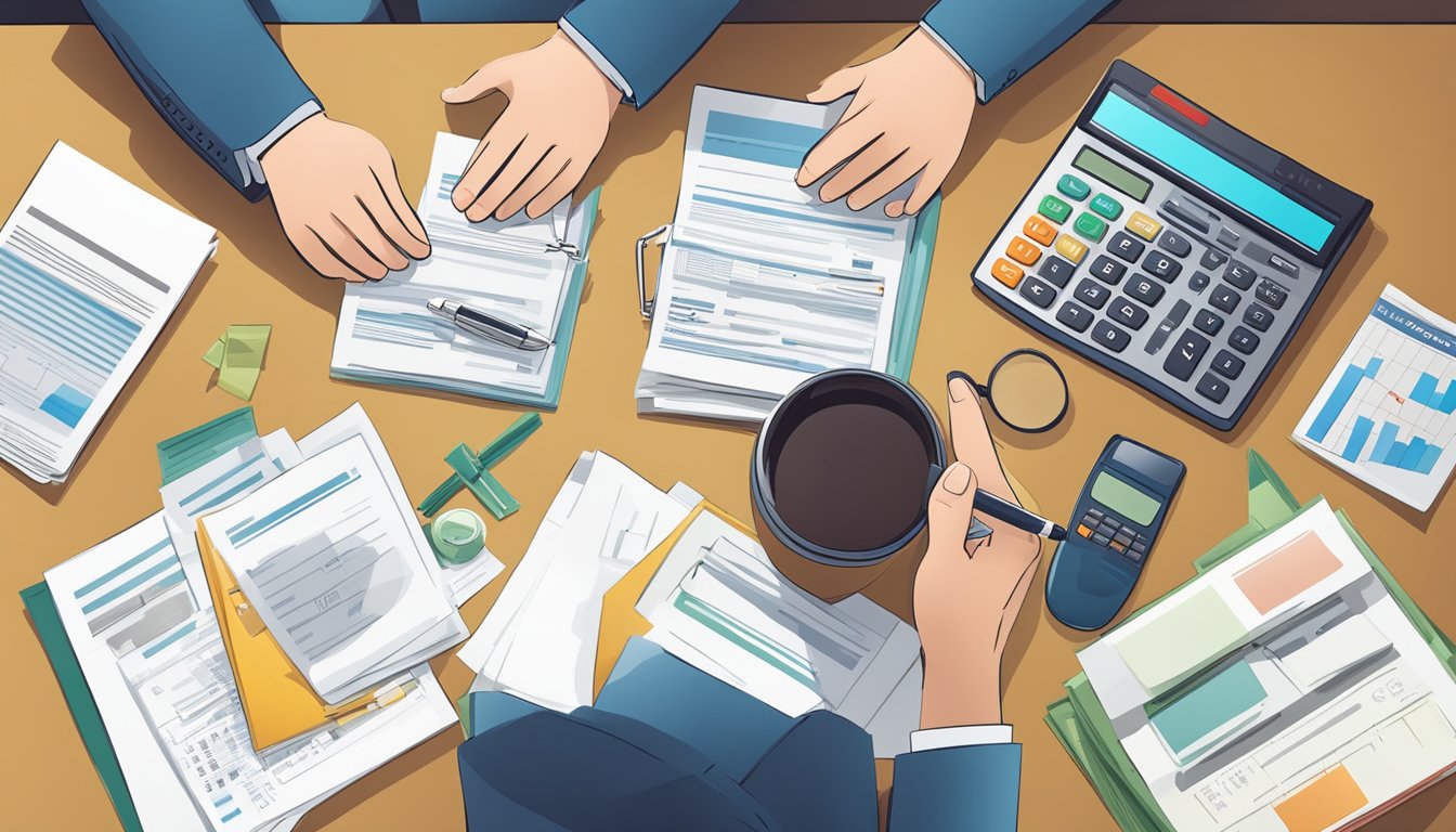 A person signing a mortgage contract with HSBC, surrounded by financial documents and a calculator