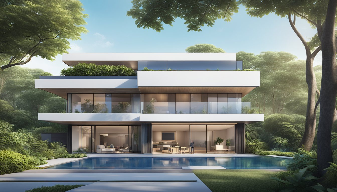 A modern home with a sleek design, surrounded by lush greenery and a clear blue sky, showcasing the flexibility and advanced features of an HSBC home loan in Singapore