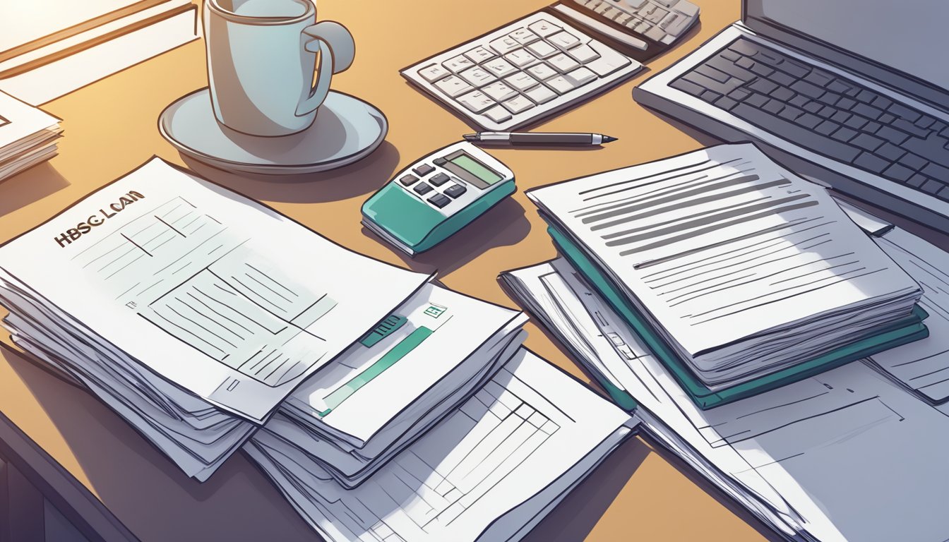 A stack of papers labeled "Frequently Asked Questions HSBC Home Loan Singapore" sits on a desk, surrounded by a laptop, pen, and calculator
