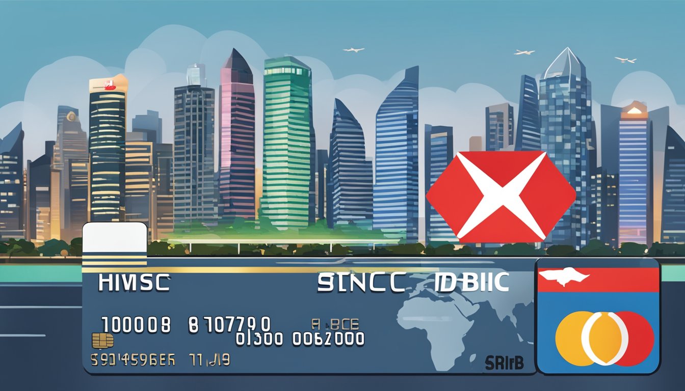 HSBC logo on a credit card with "increase limit" text, against a Singapore city skyline backdrop