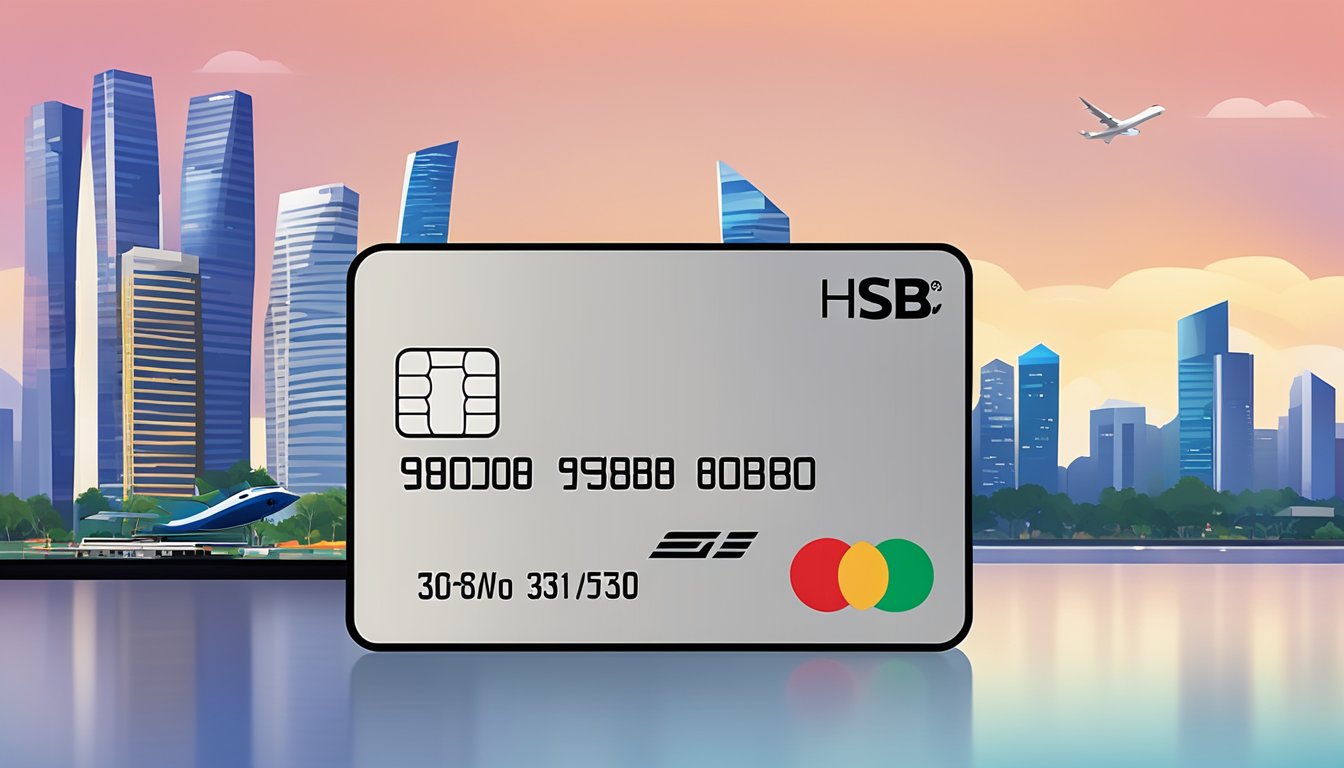 A credit card with "HSBC" logo displayed next to a numerical value representing an increased credit limit, against a backdrop of the Singapore skyline