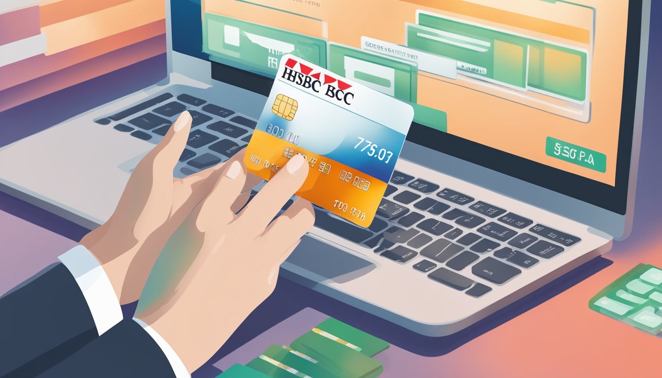 A hand holding a credit card with the HSBC logo, while a list of eligibility criteria for a higher limit is displayed on a computer screen in the background