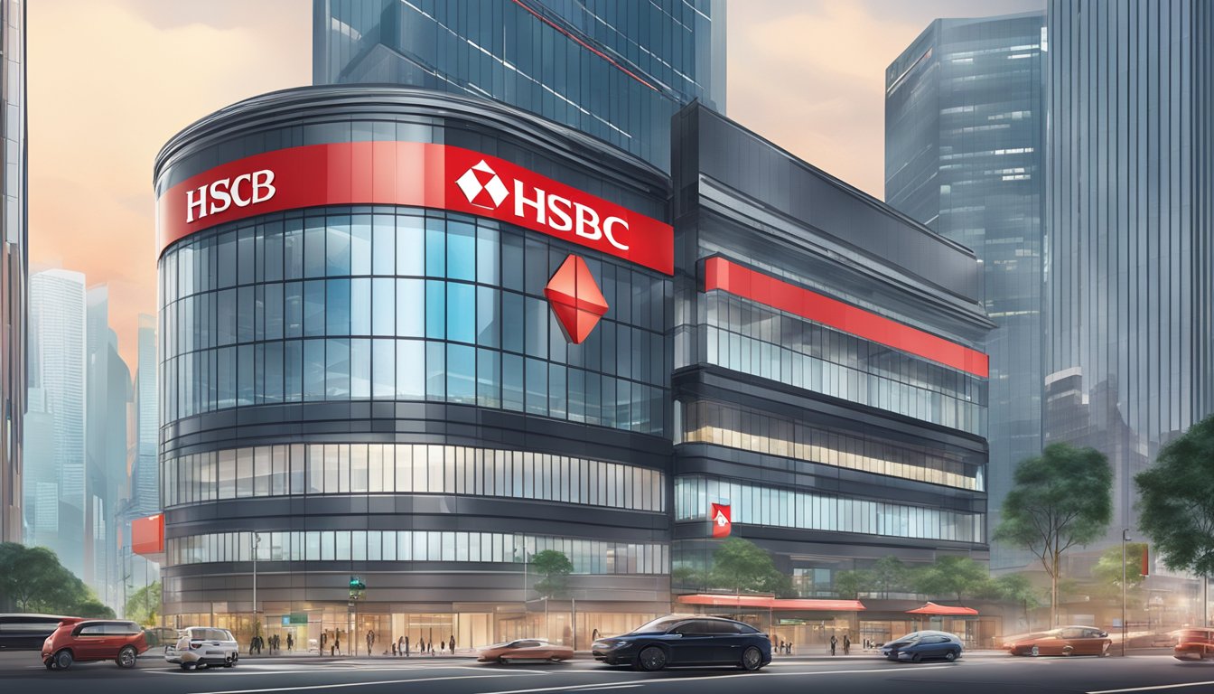 A sleek, modern bank building with the HSBC Infinite Singapore logo prominently displayed, surrounded by bustling city streets and skyscrapers