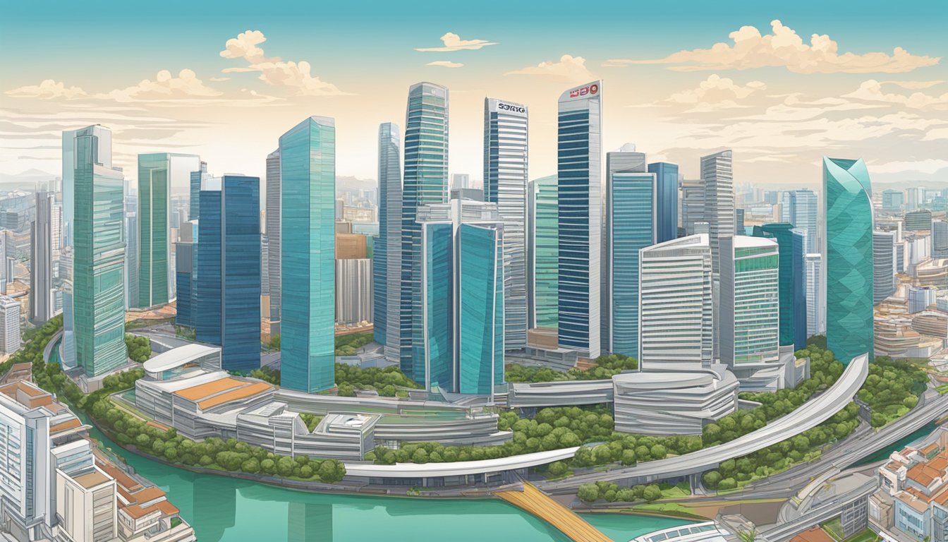 A panoramic view of the modern cityscape of Singapore, with the iconic HSBC Infinite building standing tall amidst the bustling urban landscape