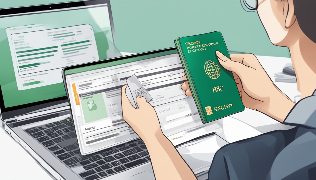 A hand holding a Singapore passport with the HSBC Infinite card, next to a laptop showing the HSBC application page