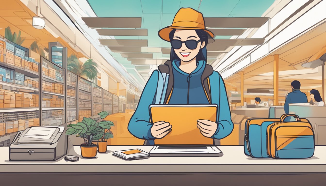 A traveler swipes a credit card to earn miles, then uses them to book a flight, all while enjoying the benefits of HSBC Infinite Singapore