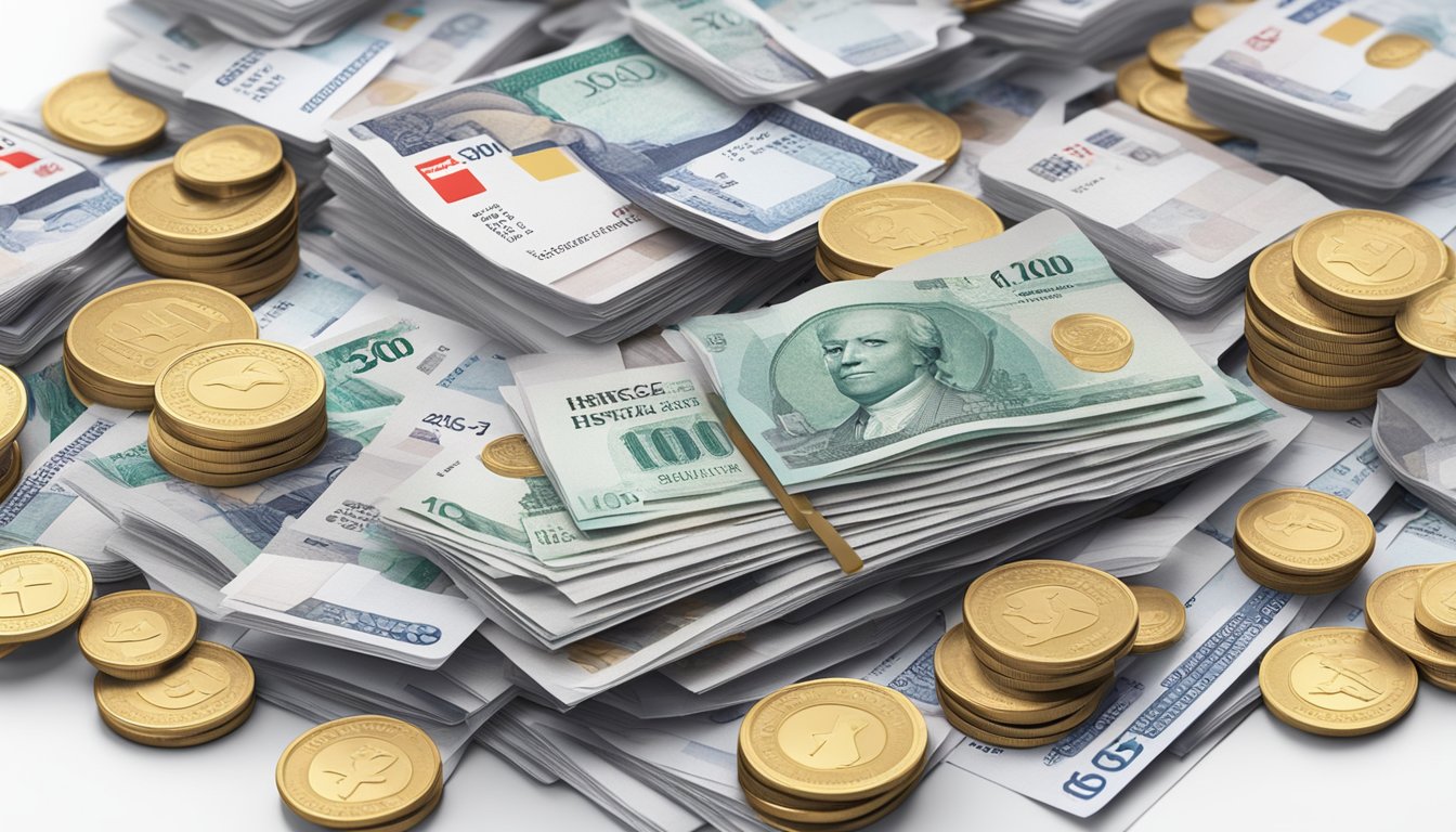 A pile of bills and coins with the HSBC Infinite Singapore logo, surrounded by various fees and charges documents