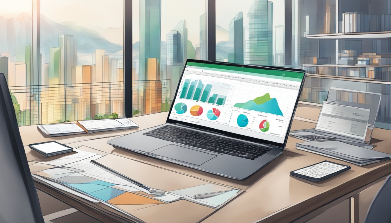 A table with financial charts, a laptop displaying HSBC Infinite Singapore, and a pen