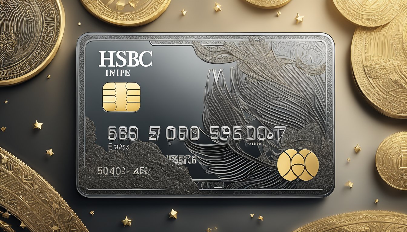 A sleek HSBC Visa Infinite credit card sits on a polished surface, with the iconic logo and intricate details visible. The card is surrounded by luxurious elements, representing its premium status