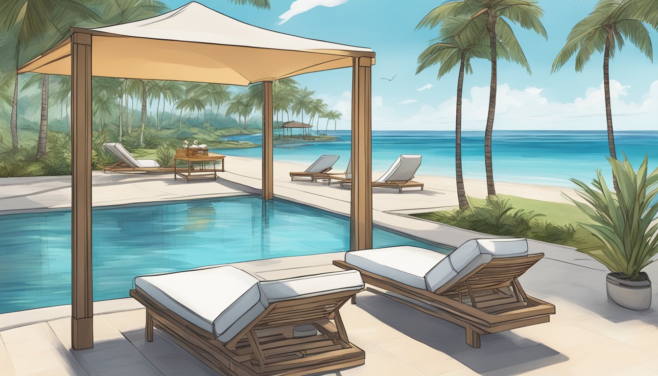 A luxurious beachfront resort with palm trees, a crystal-clear infinity pool, and a private cabana overlooking the ocean. The HSBC Infinite Card is displayed prominently on a lounge chair