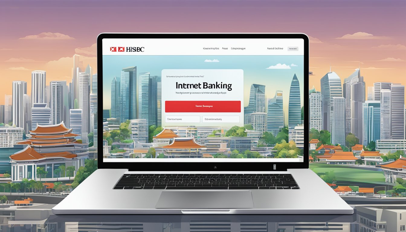 A laptop displaying the HSBC internet banking homepage with a Singaporean city skyline in the background