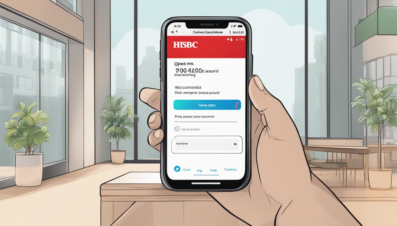 A person's hand holding a smartphone with the HSBC Internet Banking app open, showing the login screen and the option to enter a username and password