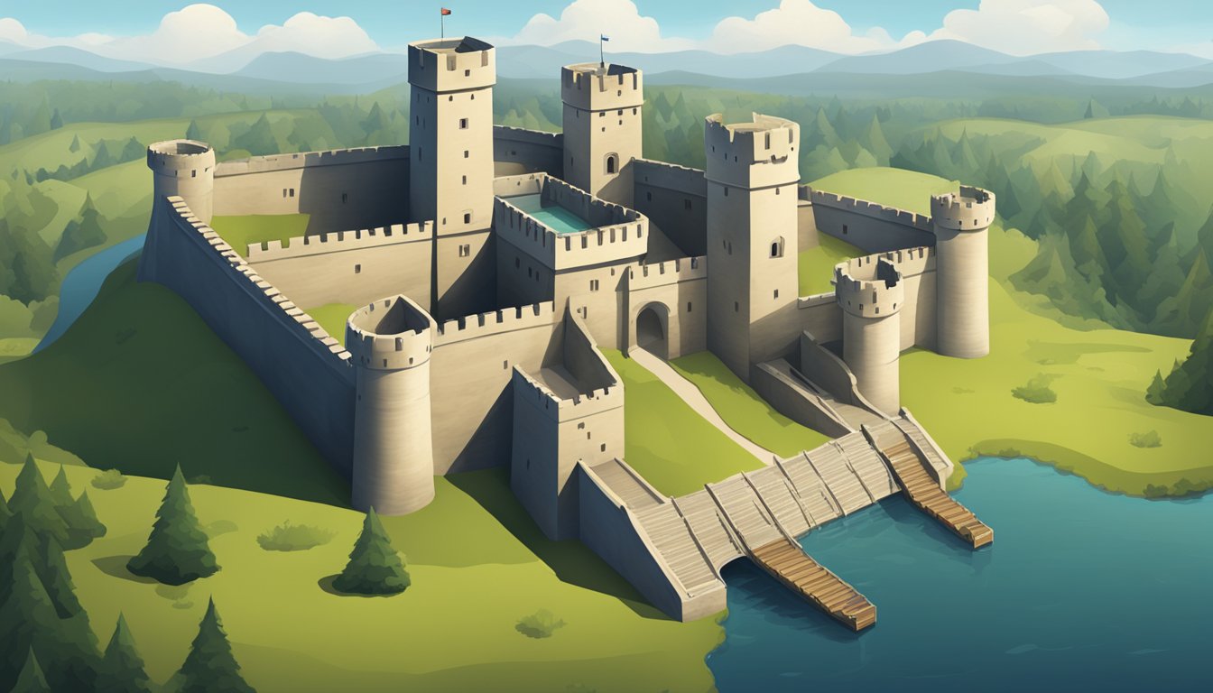 A sturdy fortress with a shield emblem, surrounded by a digital moat and guarded by a vigilant watchtower