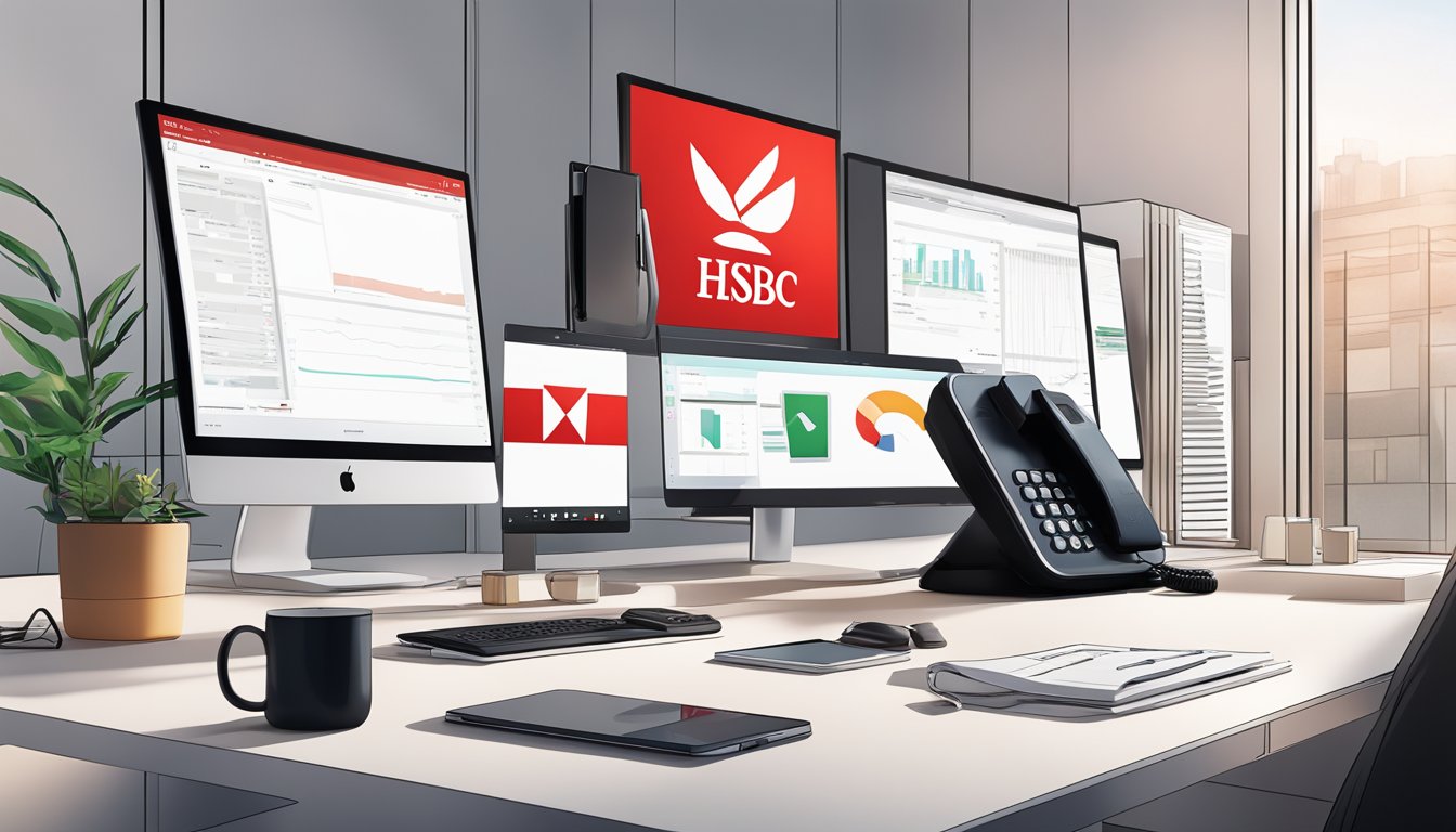 A phone with the HSBC logo on the screen, surrounded by a sleek and modern office desk setup in a professional environment