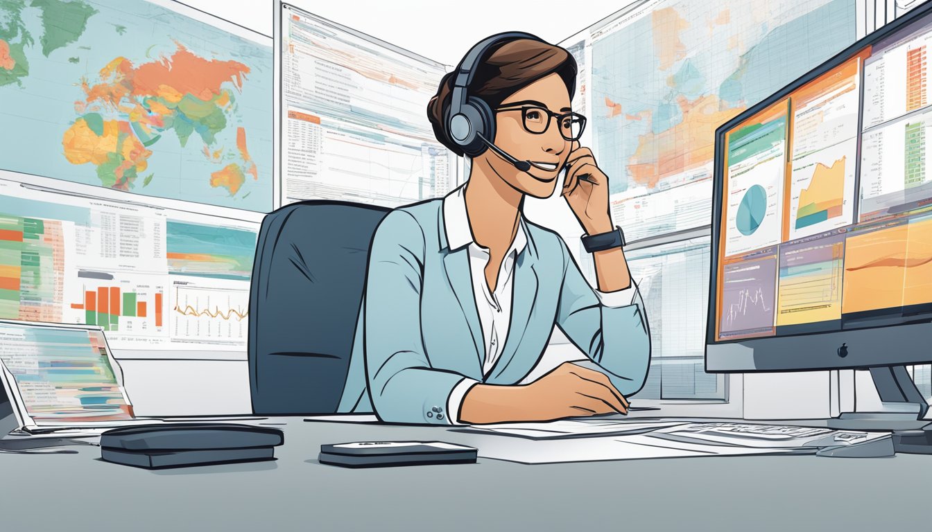 A customer service representative at HSBC's hotline in Singapore explains the benefits of their line of credit, surrounded by financial charts and graphs