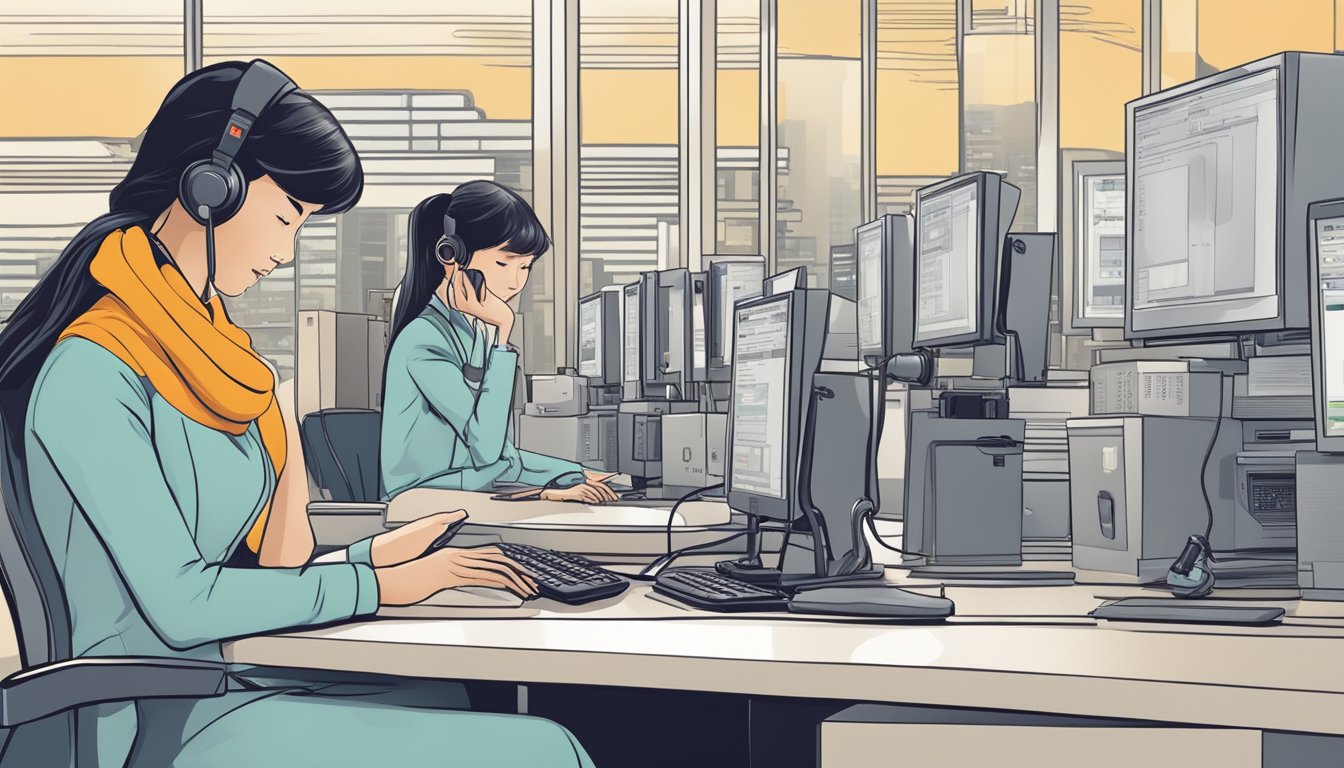 A person dialing the HSBC line of credit hotline in Singapore, with a representative on the other end assisting with the application process