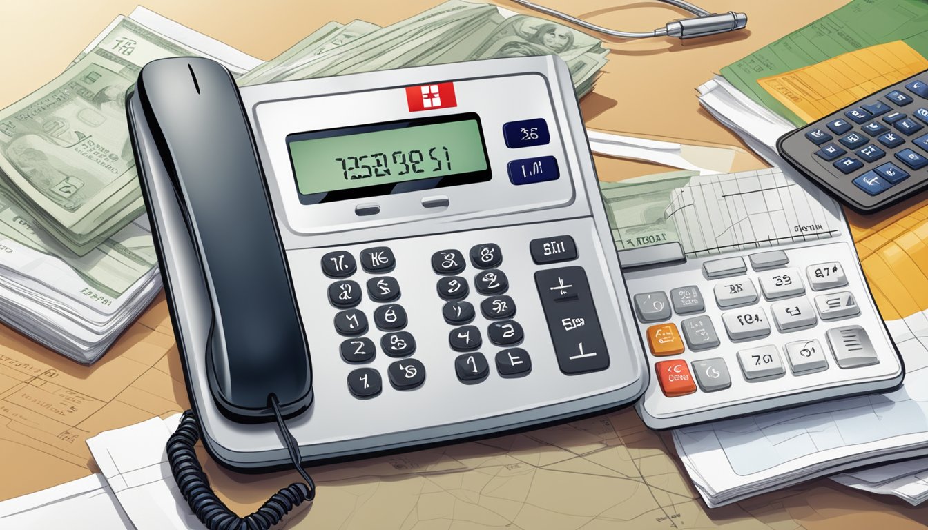 A phone with "HSBC Line of Credit Hotline Singapore" displayed, surrounded by financial documents and a calculator