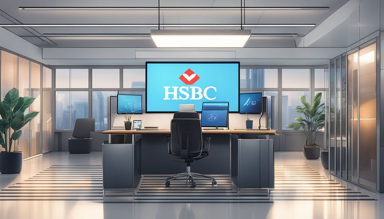 A phone with the HSBC logo on the screen, surrounded by a clean and modern office environment. The phone is lit up, indicating an active call to the HSBC customer support hotline