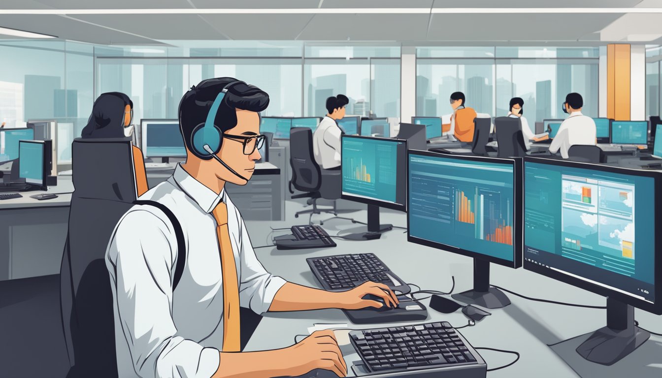 A customer service representative answers calls at the HSBC line of credit hotline in Singapore, surrounded by computer screens and a busy office environment
