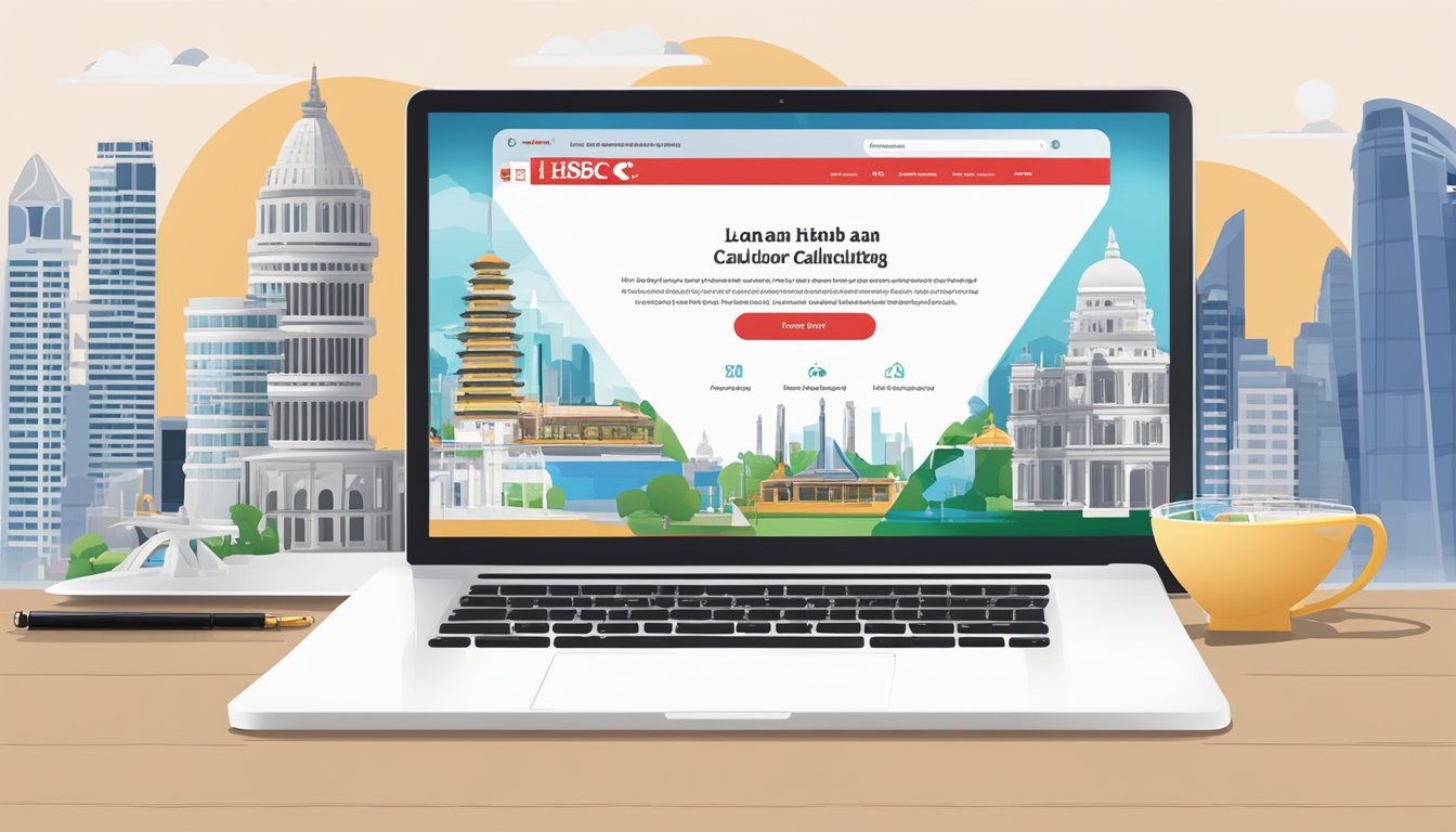 A laptop screen displays HSBC's loan calculator webpage with Singaporean landmarks in the background, showcasing the functionality and accessibility of the tool