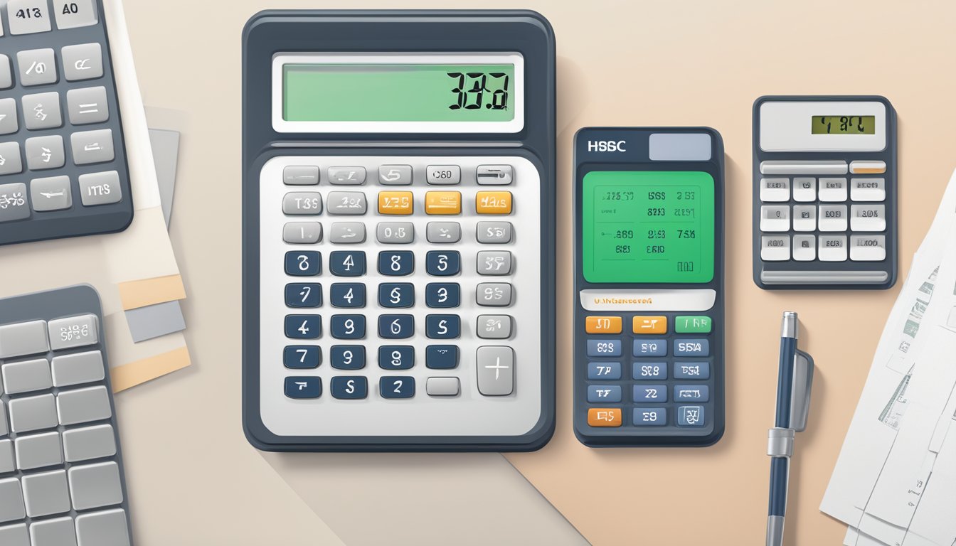 A calculator displaying loan terms and interest rates, with the HSBC logo visible in the background