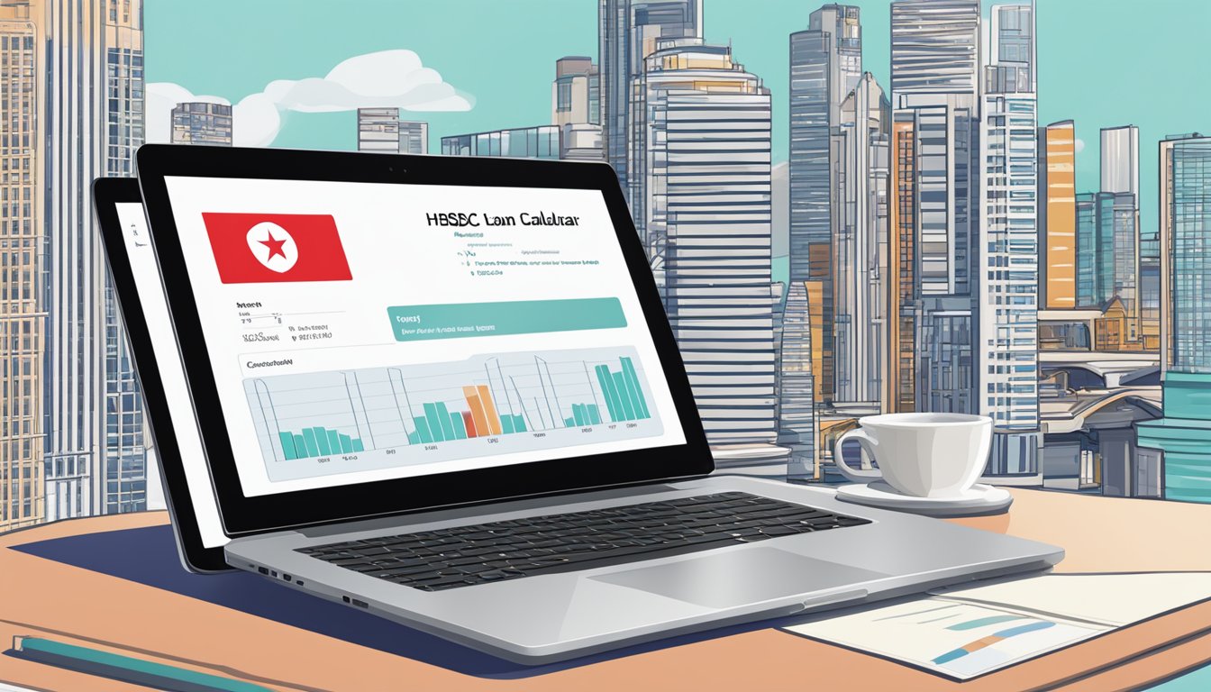 A laptop displaying the HSBC loan calculator with a Singapore backdrop