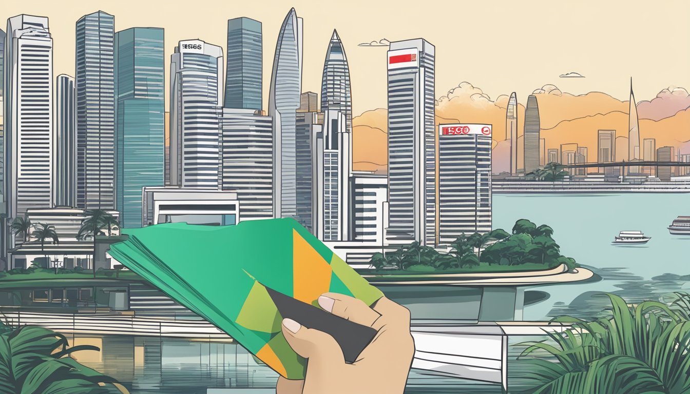 A hand holding an HSBC loan application form in front of a Singapore skyline