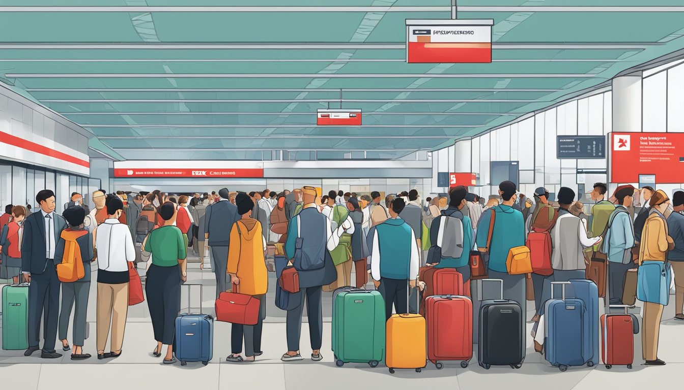A busy airport luggage redemption area with HSBC branding and people waiting in line