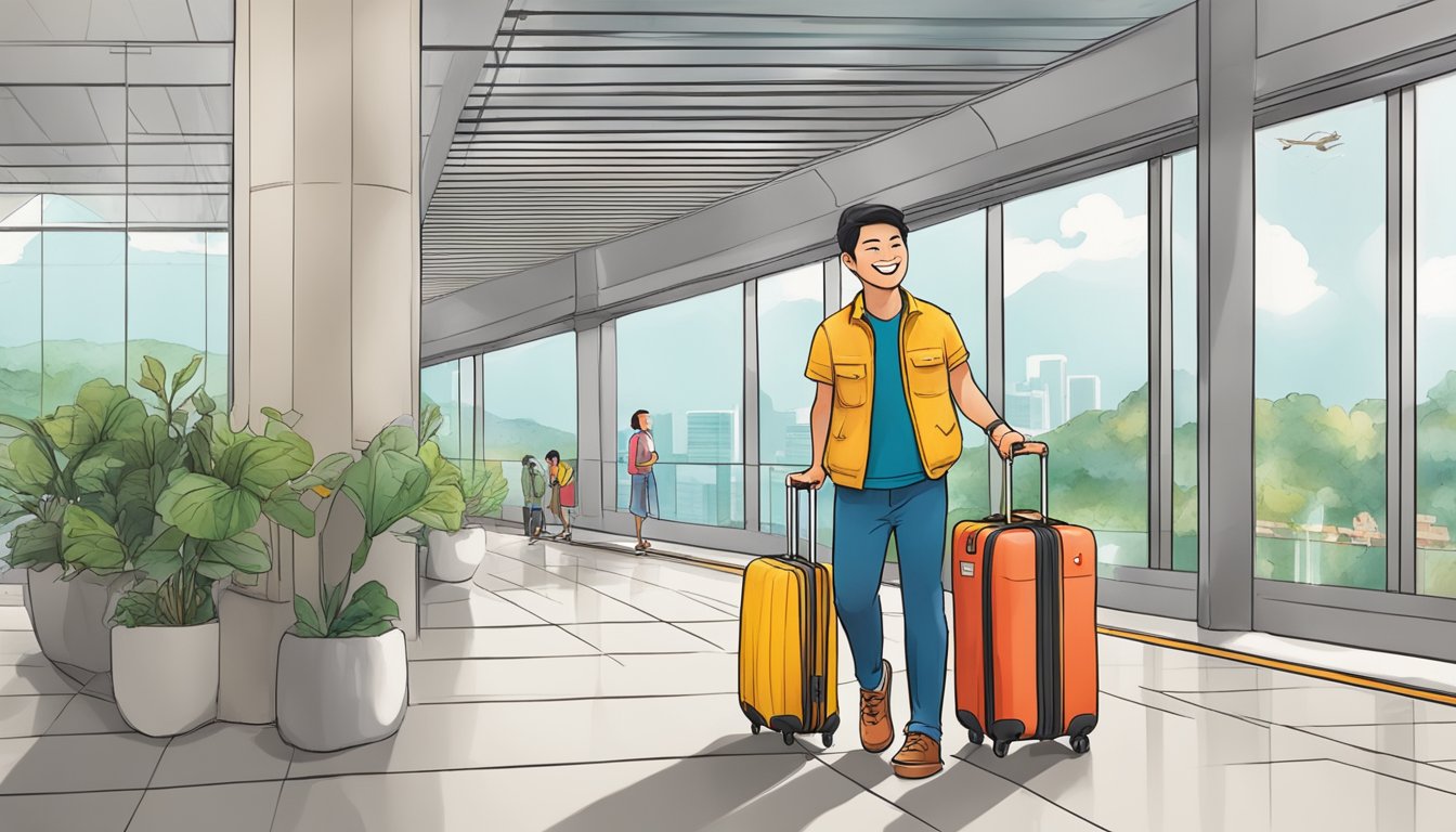 A traveler happily redeeming luggage with an HSBC credit card in Singapore
