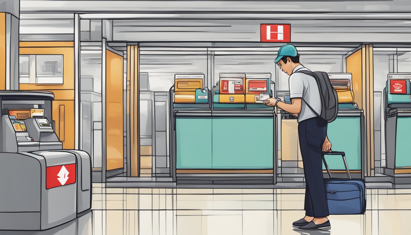 A person swipes an HSBC card to redeem luggage in Singapore