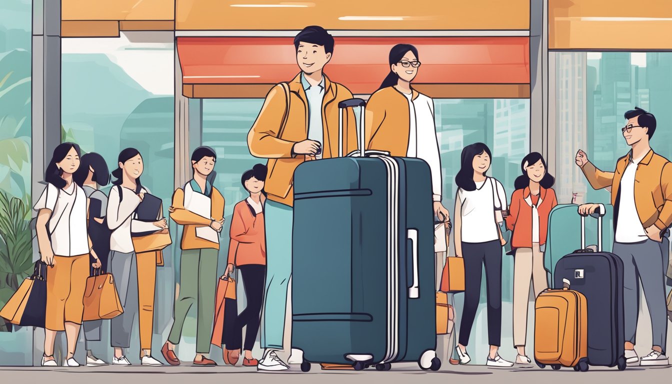 A suitcase with HSBC logo surrounded by happy customers redeeming rewards in Singapore