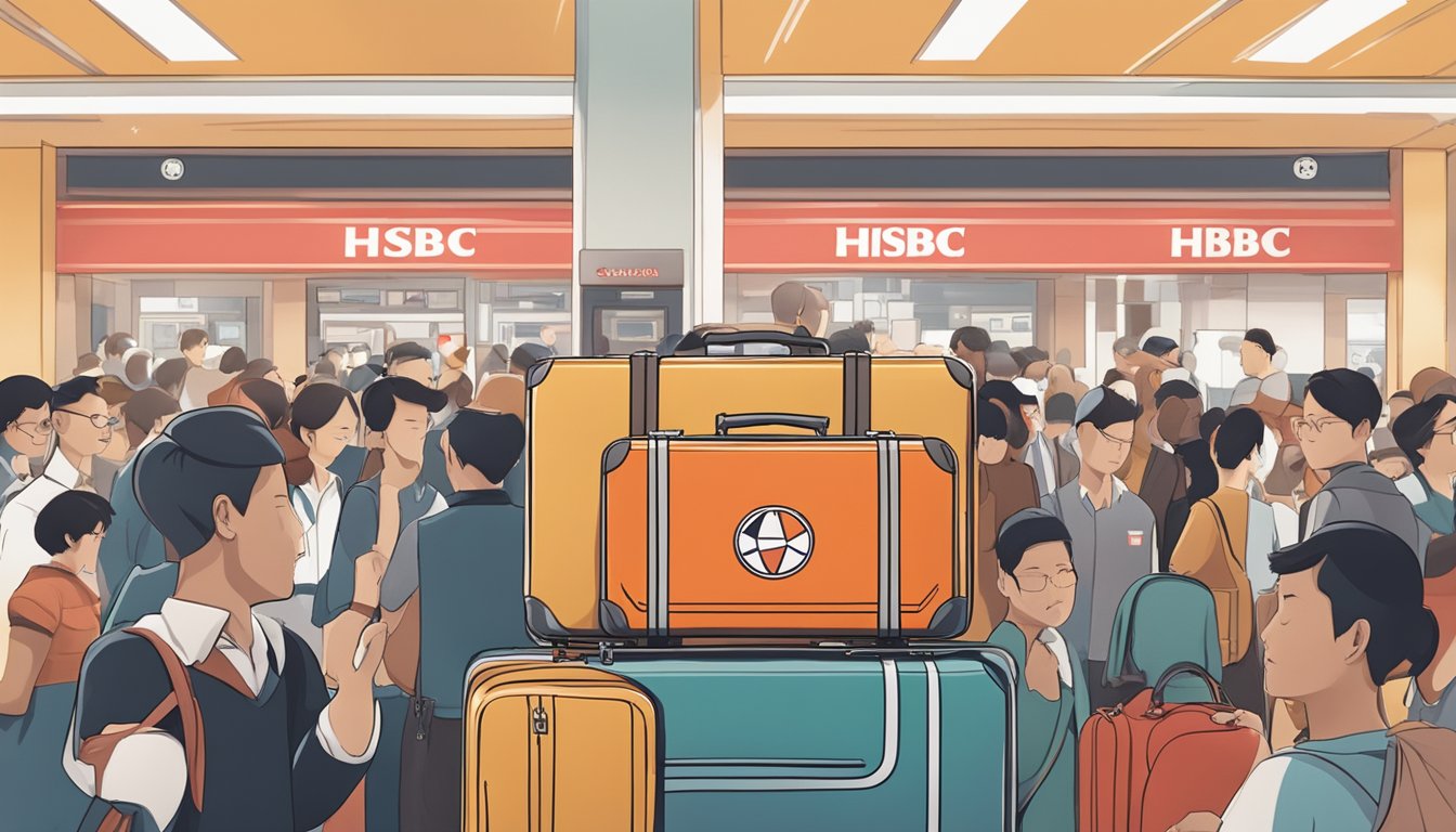 A suitcase with the HSBC logo sits on a counter, surrounded by a crowd of eager customers. A sign above reads "Luggage Redemption Singapore."
