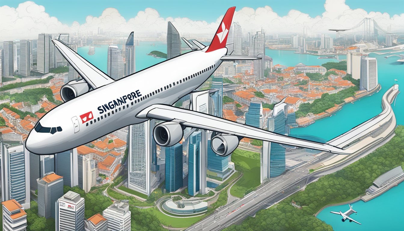 A plane flying over iconic Singapore landmarks with the HSBC logo prominently displayed, showcasing the benefits of the mileage program