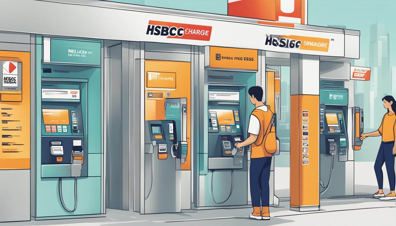A person swiping a credit card at a gas station, with a sign displaying "HSBC Mileage Program Singapore" and a list of fees and charges