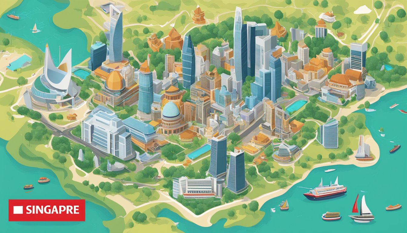 A colorful map of Singapore with prominent landmarks and a prominent HSBC logo