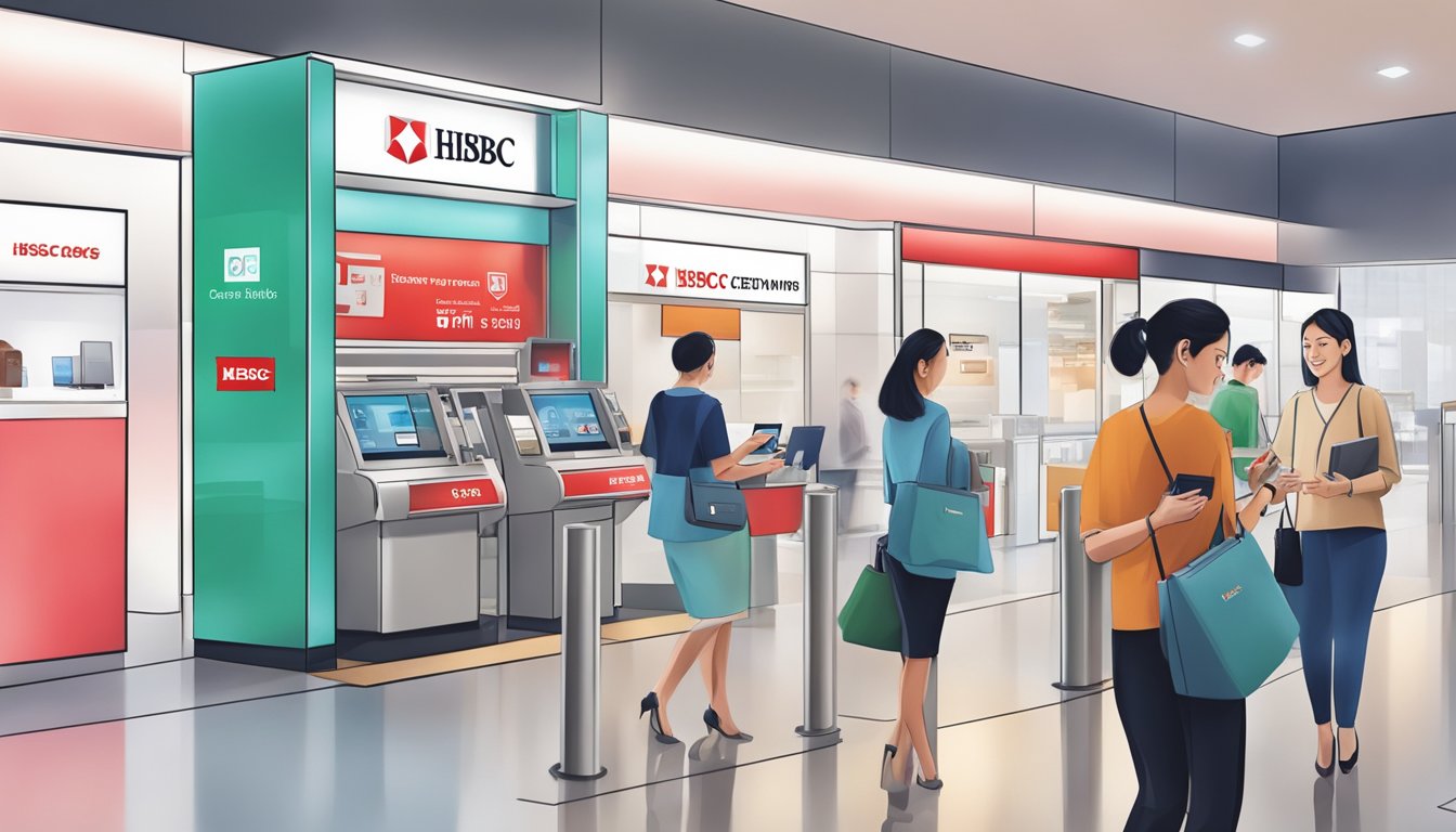 A customer swiping an HSBC credit card to convert miles into rewards at a sleek and modern redemption center in Singapore