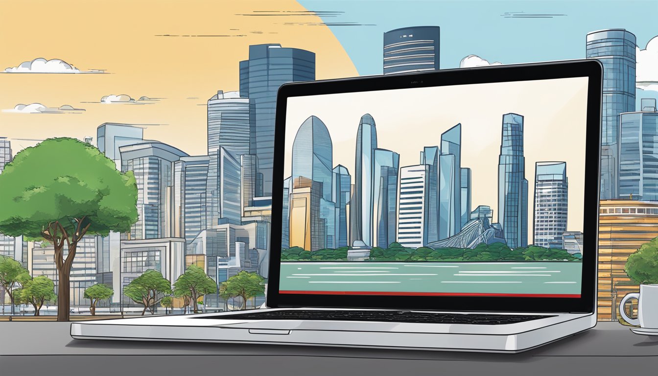 A laptop open to the HSBC online banking platform, with the Singapore skyline in the background