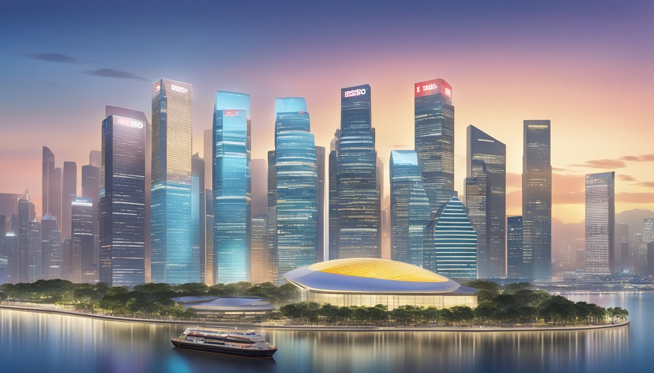 A modern, sleek digital interface displaying HSBC's online services with a backdrop of the Singapore skyline
