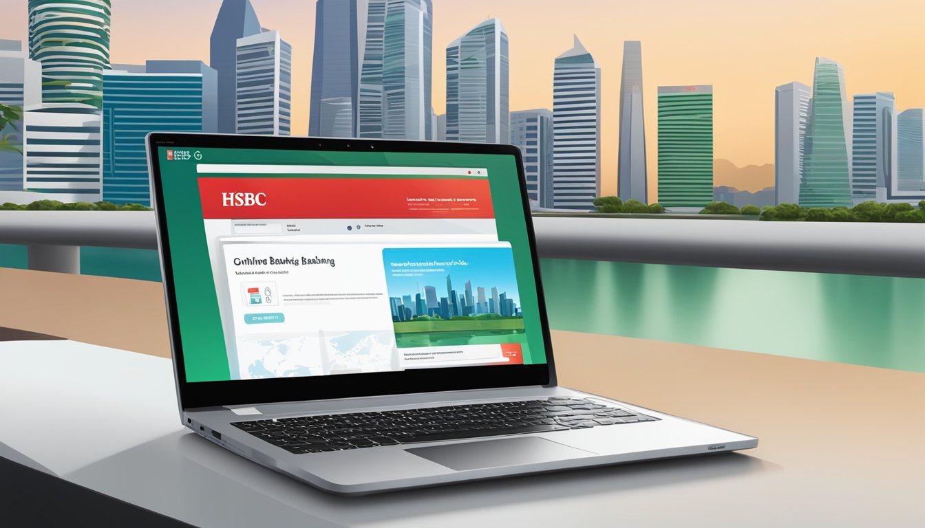A laptop displaying the HSBC online banking website, with a Singapore skyline in the background