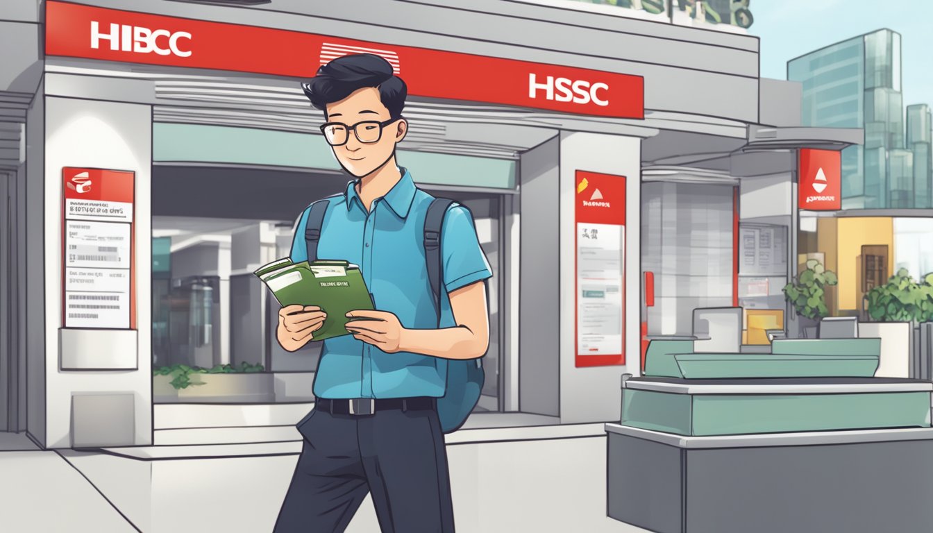 A person holding a Singaporean passport and a payslip, standing in front of an HSBC branch with a sign displaying "Eligibility Criteria for Borrowers."