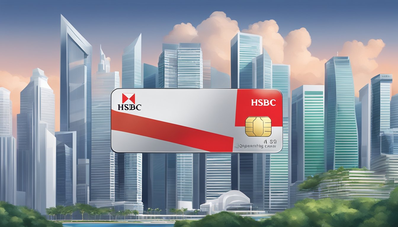 A gleaming HSBC Platinum credit card sits on a sleek, modern Singaporean skyline backdrop