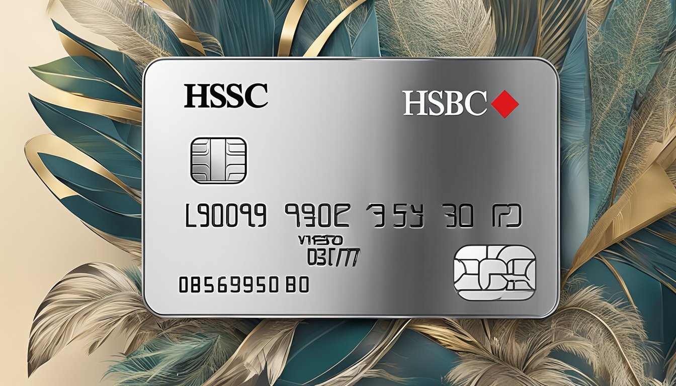 A gleaming platinum credit card with the HSBC logo, surrounded by luxurious lifestyle elements such as travel, dining, and shopping