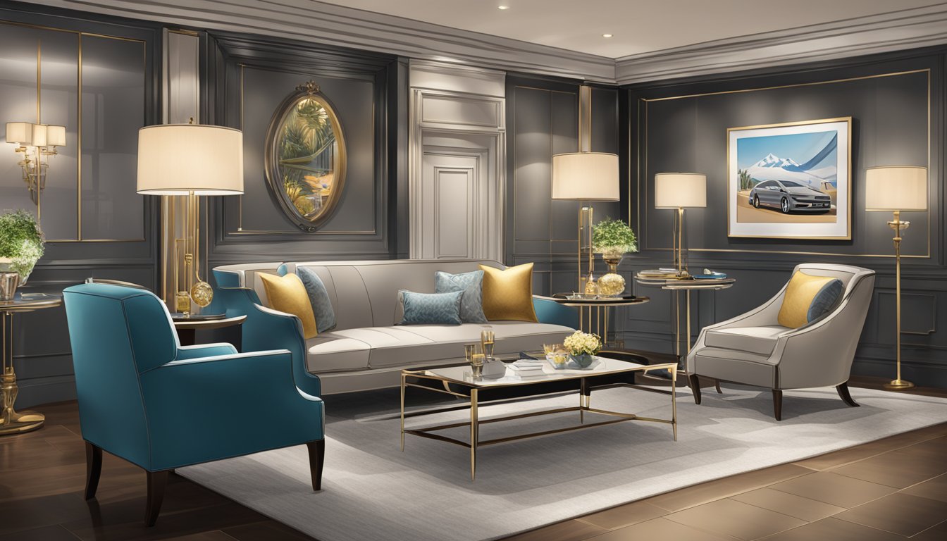 A luxurious lounge with plush seating, elegant decor, and a concierge desk. A sign prominently displays "Exclusive Benefits for Cardholders" with the HSBC Platinum Credit Card logo