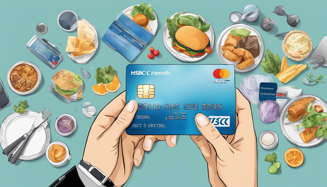 A hand holding an HSBC Platinum credit card, surrounded by various benefits and rewards such as travel, dining, shopping, and entertainment options